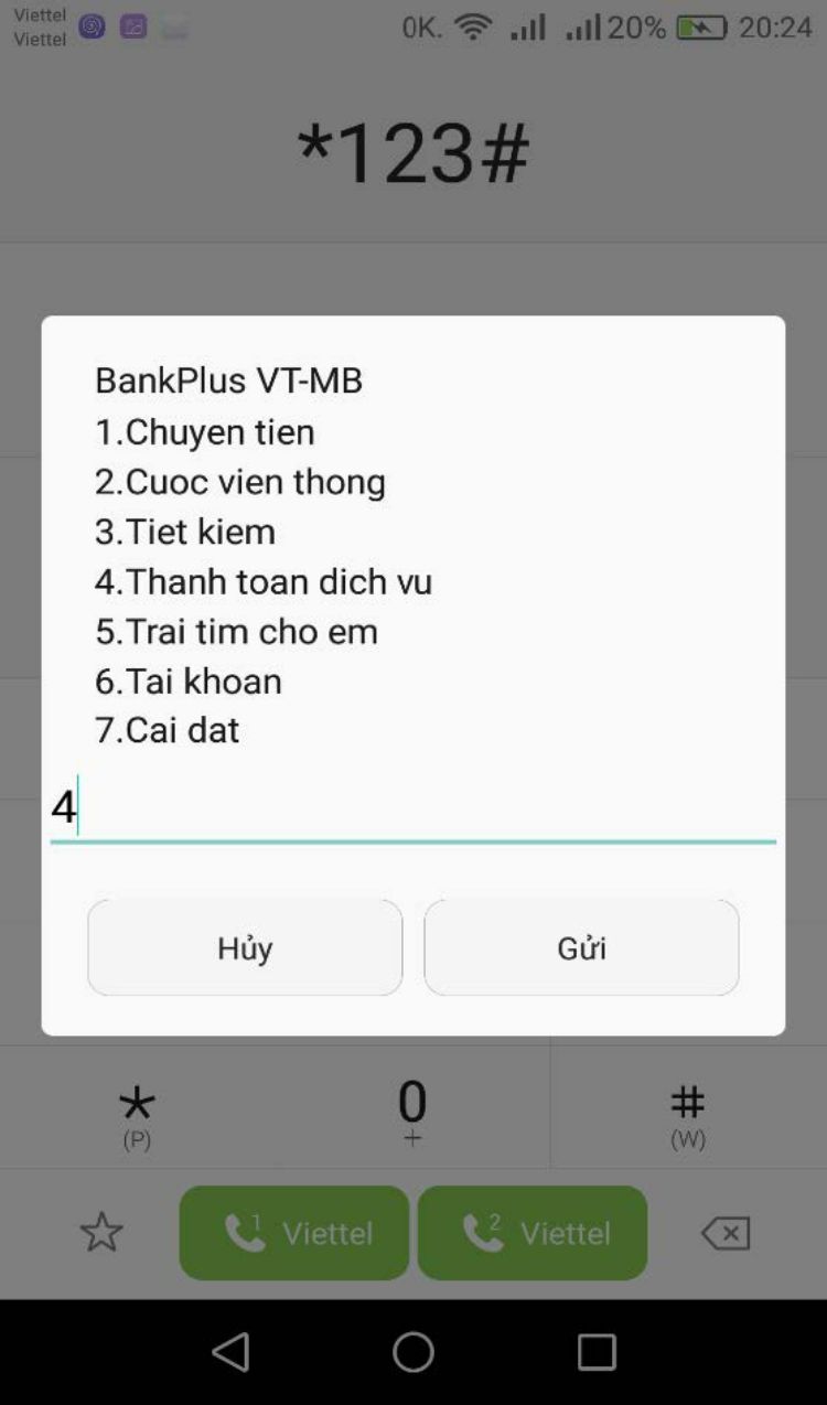 Bấm số 4 tương ứng Thanh toán dịch vụ.