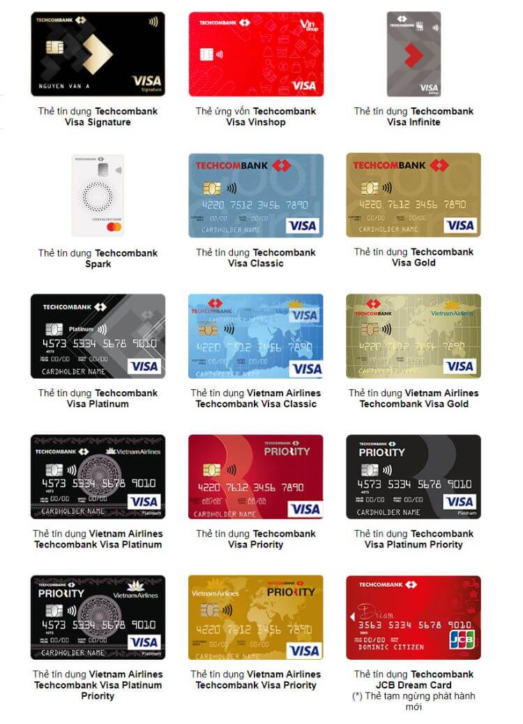 Các loại thẻ tín dụng thanh toán của Techcombank.