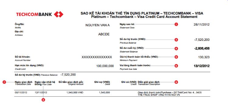 Chi tiết bảng sao kê tín dụng Techcombank.