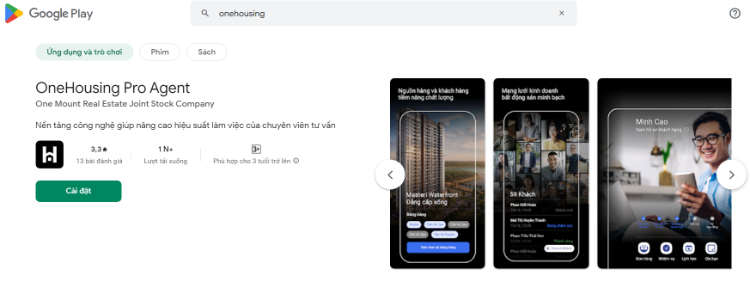 Giao diện vào website OneHousing cho hệ điều hành Android 