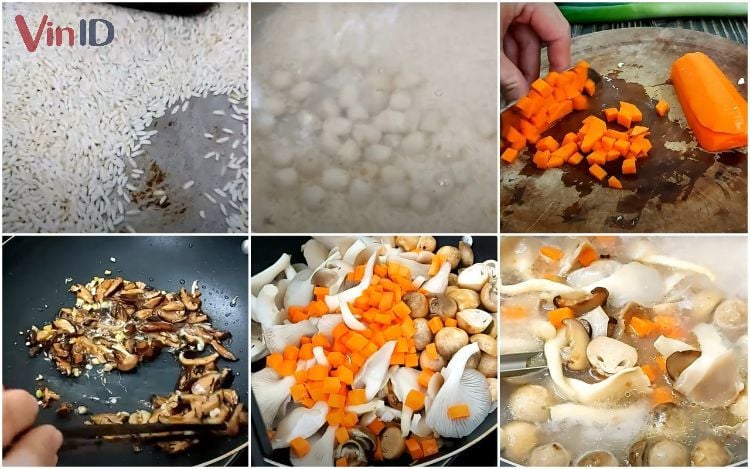 Các bước chính nấu cháo chay nấm