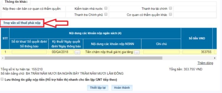 Nhấp chọn mục truy vấn số thuế