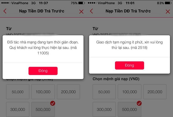 Tại sao không nạp tiền điện thoại được?