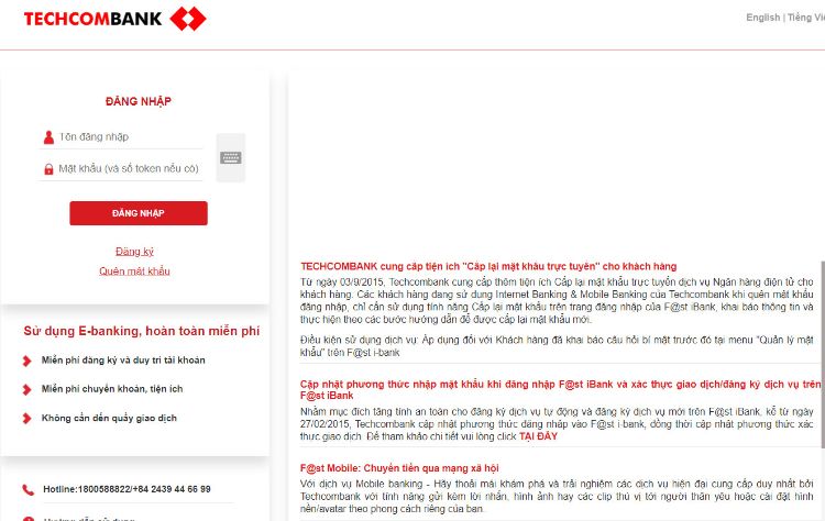Đăng nhập Internet Banking của Techcombank để thực hiện giao dịch khóa thẻ online