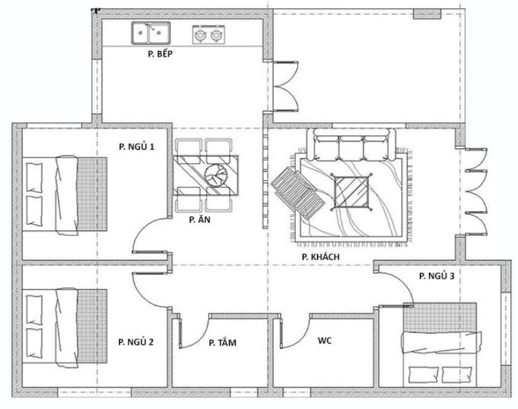 Sơ đồ nhà kiểu 3 gian với sảnh chính trung tâm