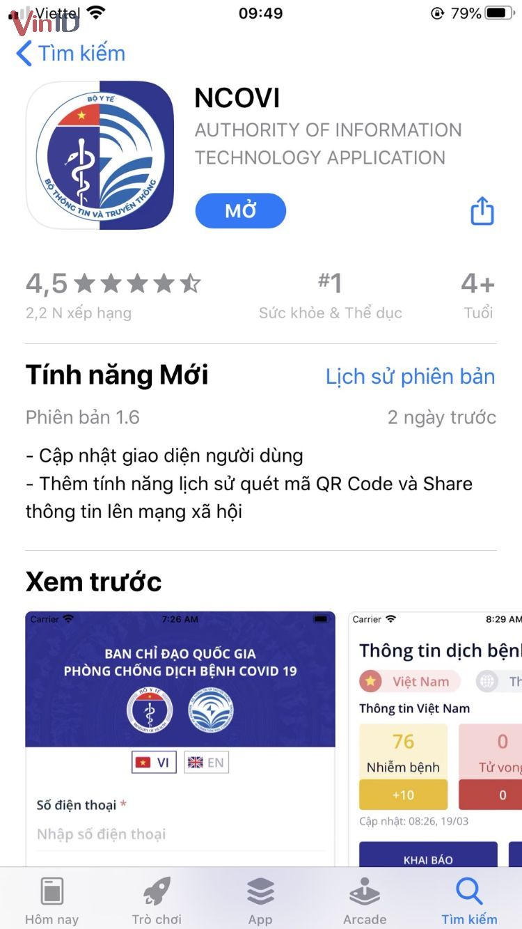 Ứng dụng NCOVI trên thiết bị iOS
