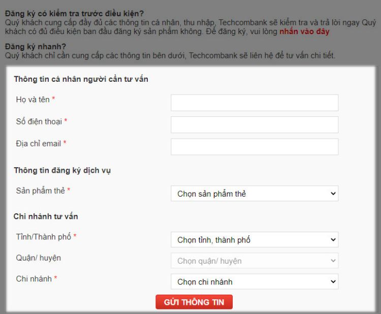 Điền các thông tin trong mục Đăng ký nhanh, bấm Gửi thông tin.