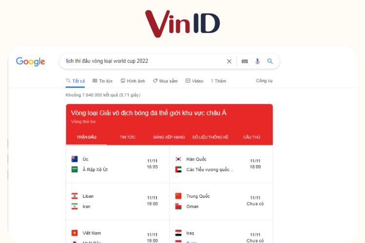 Tham khảo thông tin vòng loại World Cup 2022 trên Google