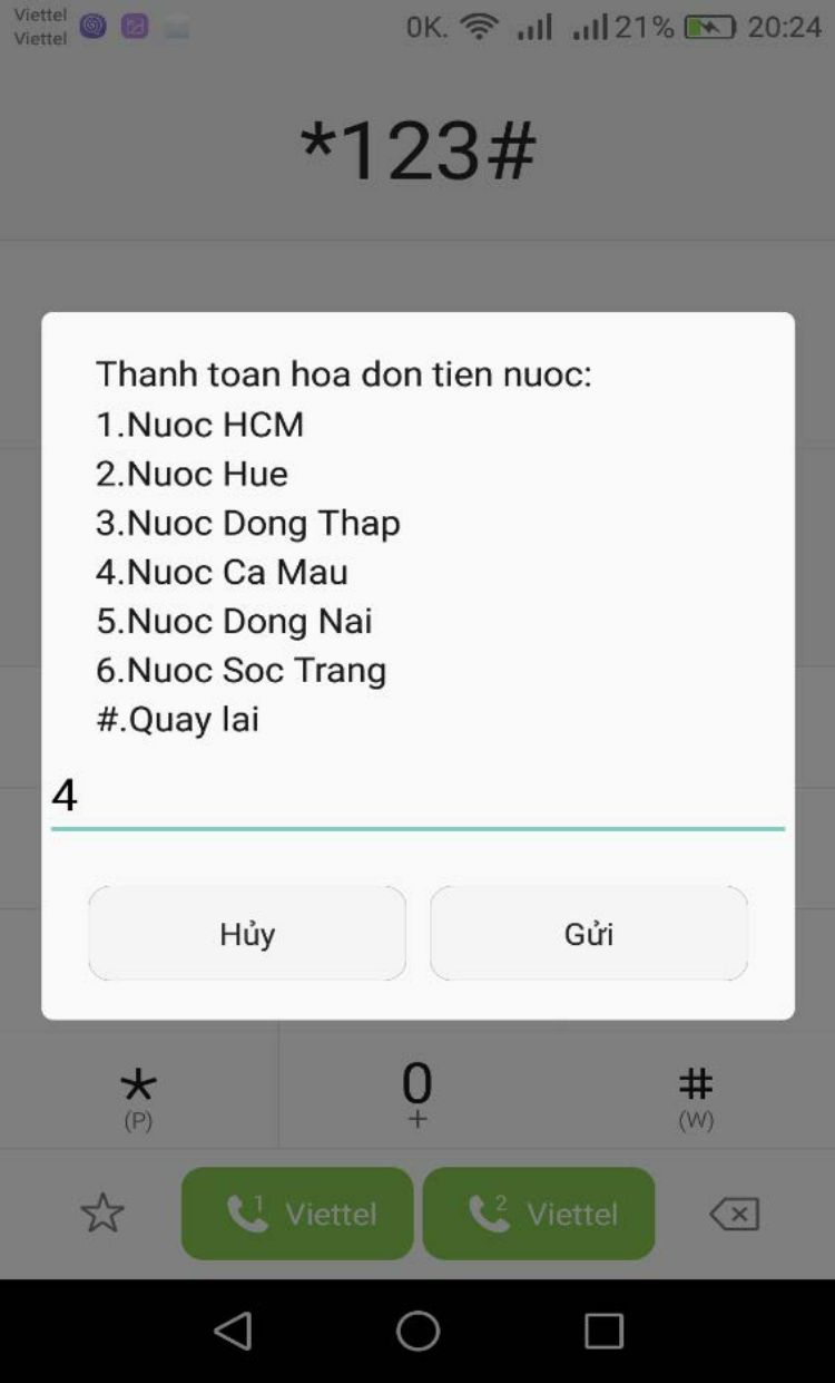 Bấm số tương ứng để chọn Nhà cung cấp nước.