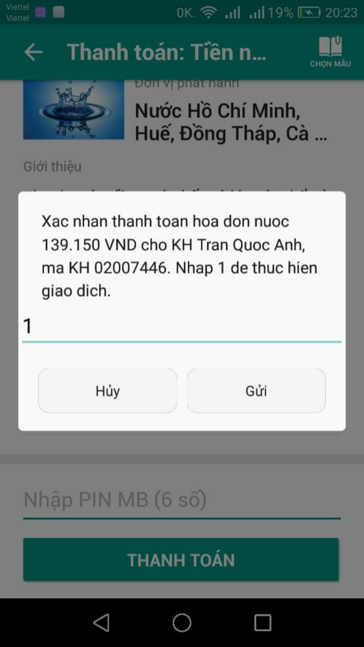 Ứng dụng sẽ hiển thị thông báo số tiền cần thanh toán => Chọn 1 và gửi để thực hiện thanh toán.