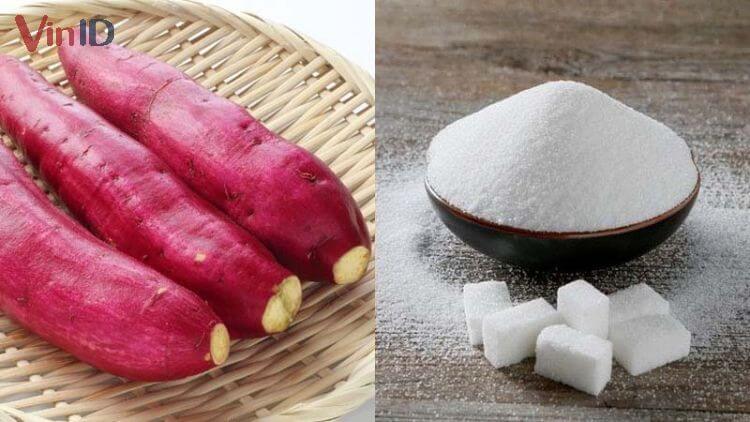 Hai nguyên liệu chính (khoai lang, đường) để làm khoai lang tím chiên đường