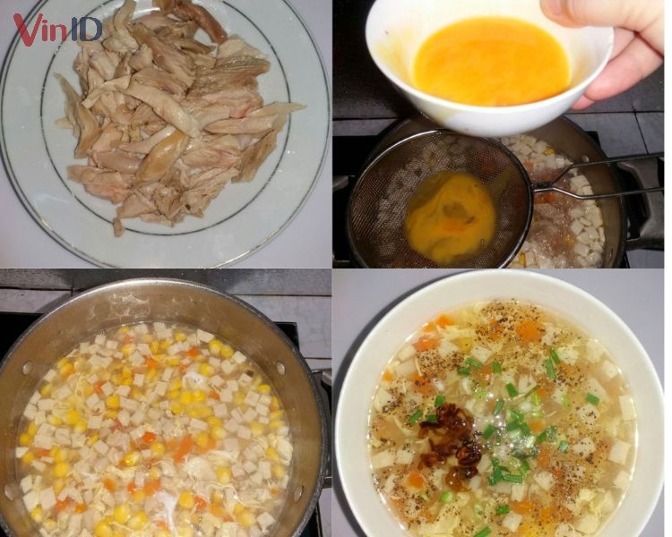 Các bước chính nấu súp gà ngô nấm