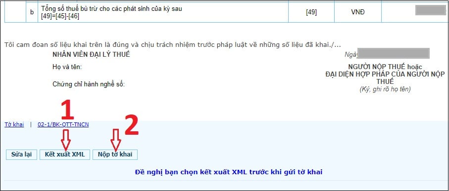 Xuất XML và Nộp tờ khai