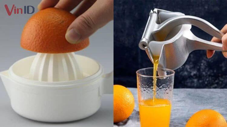 Công đoạn pha nước cam với dụng cụ vắt hoặc máy vắt cam