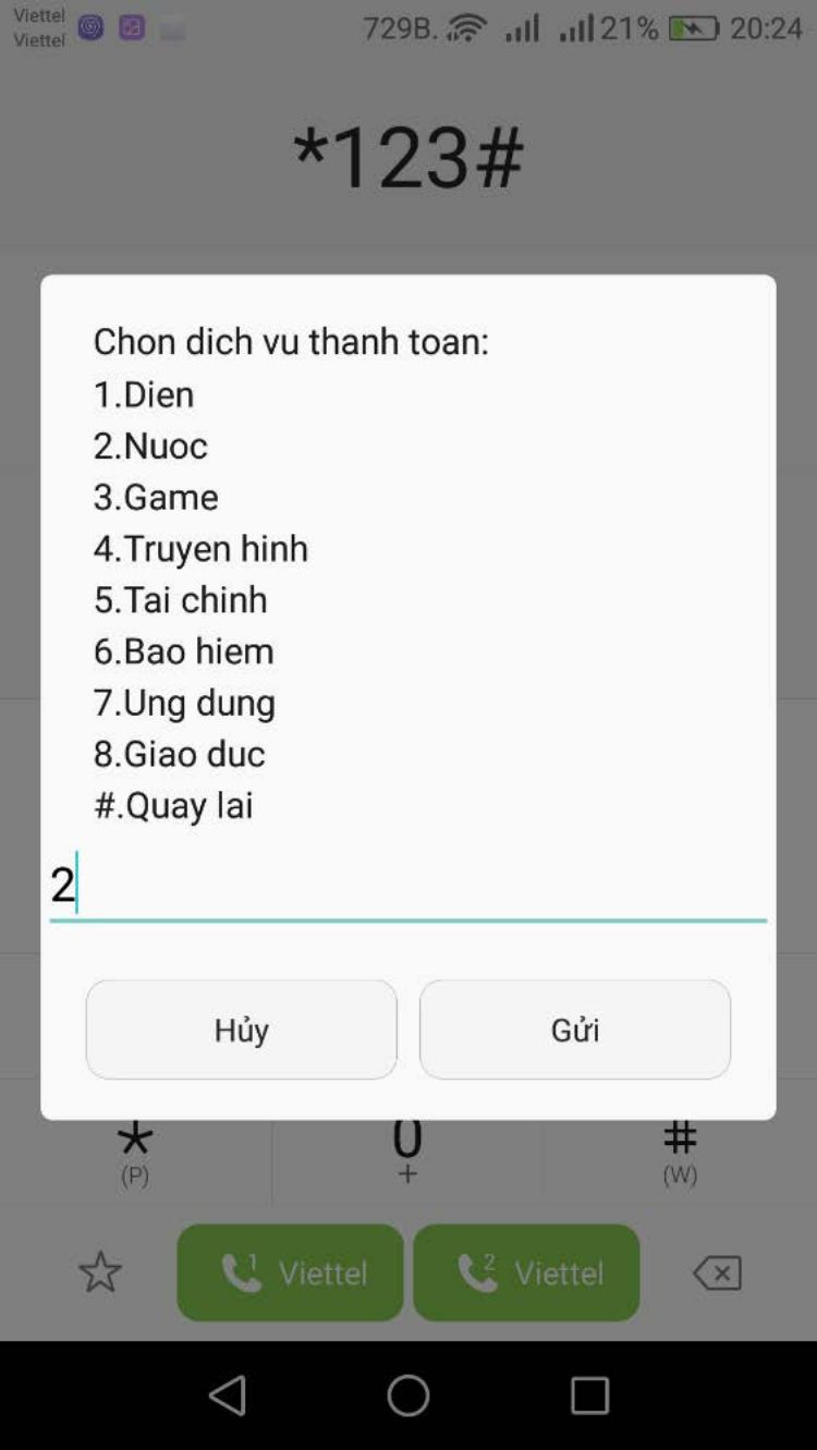 Bấm số 2 tương ứng với Nước.