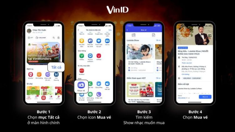 Thao tác đặt vé Minishow tại Lululola Coffee qua app VinID