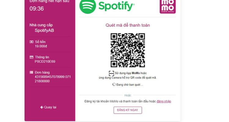 Quét mã MoMo để thanh toán Spotify