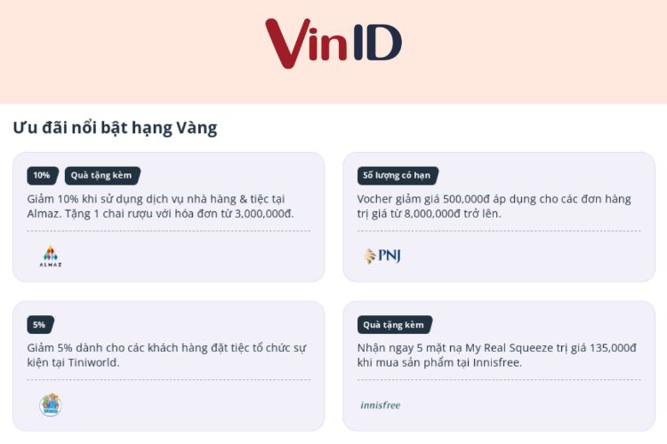 Ưu đãi độc quyền cho thành viên Vàng VinID