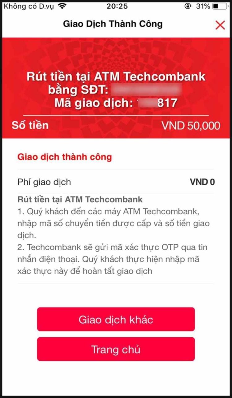 Mã giao dịch rút tiền tại ATM Techcombank