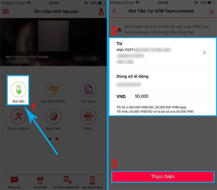 Giao dịch rút tiền không cần thẻ của Techcombank