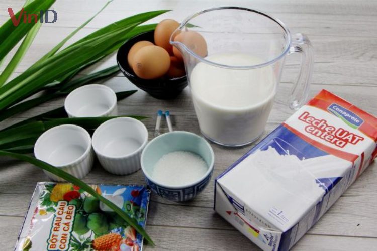 Nguyên liệu cho rau câu bánh flan lá dứa 