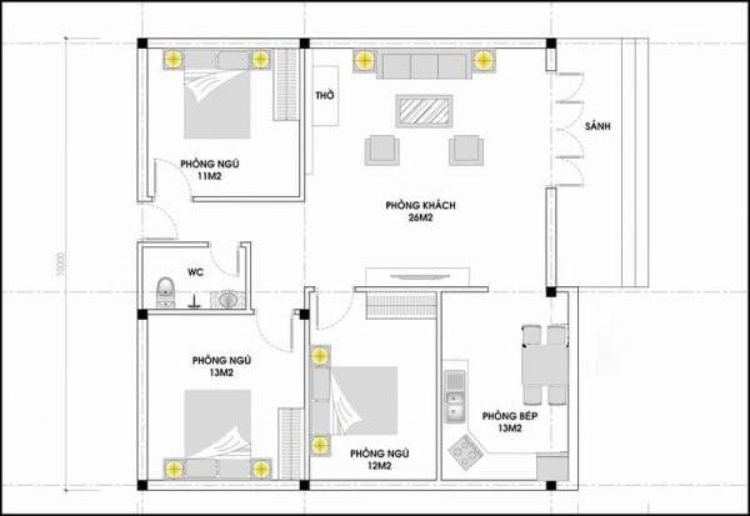 Sơ đồ nhà cấp 4 mái bằng 3 phòng ngủ