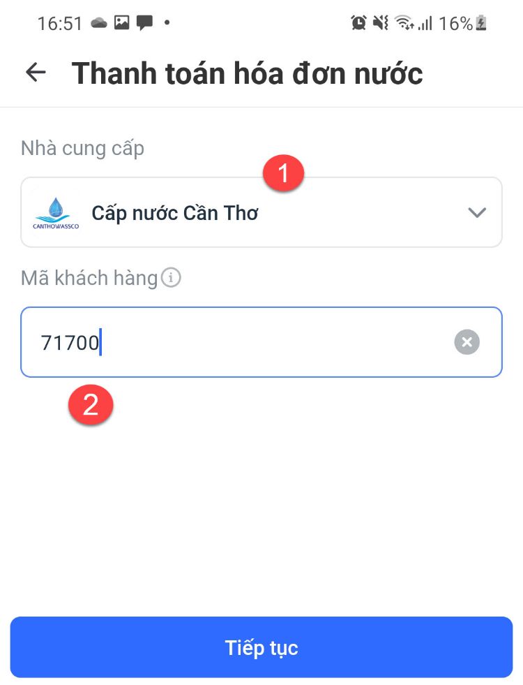 Chọn Nhà cung cấp (theo giấy báo tiền nước) =>  Nhập Mã khách hàng. Mã khách hàng sẽ được hệ thống lưu lại, lần thanh toán sau khách hàng sẽ không cần điền nữa.