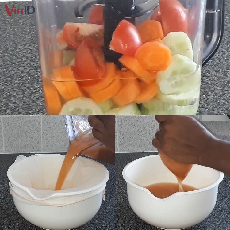 Xay và lọc nước ép cà chua dưa chuột cà rốt