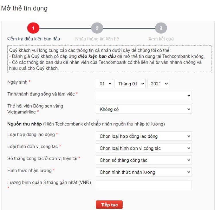 Người mở thẻ cần điền thông tin theo yêu cầu của Techcombank.