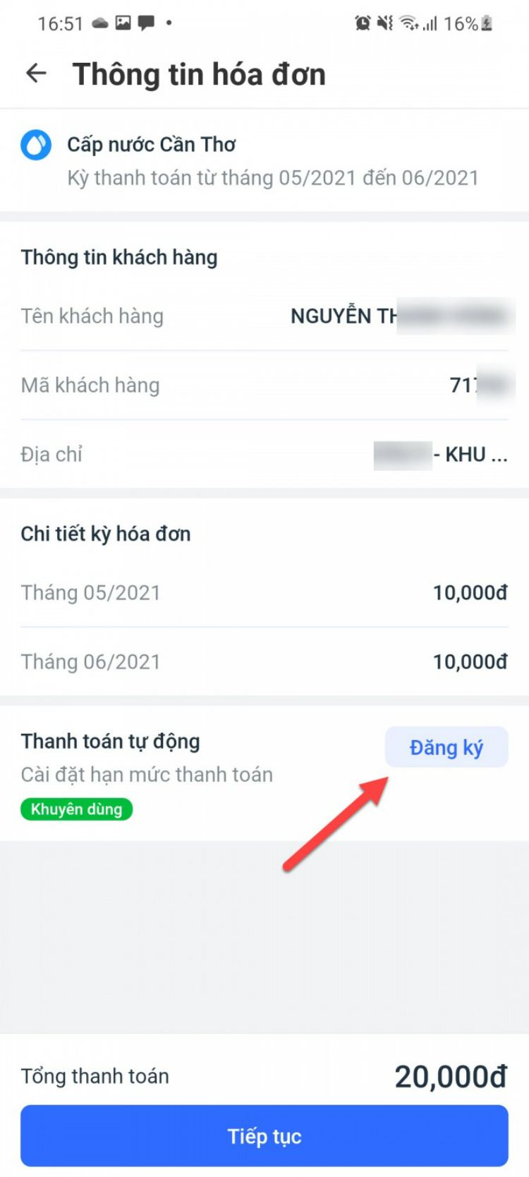 Chọn Tiếp tục để thanh toán. 