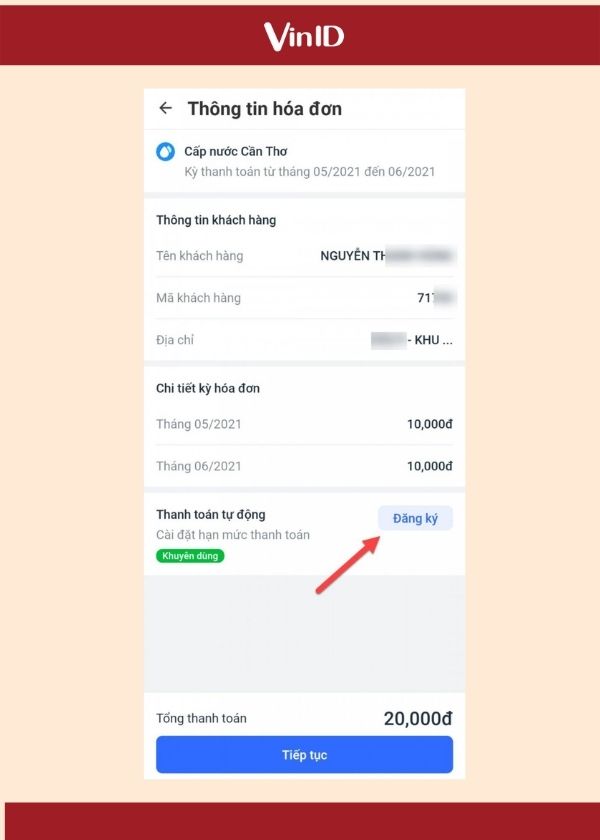 Chọn Tiếp tục để thanh toán các kỳ hóa đơn.