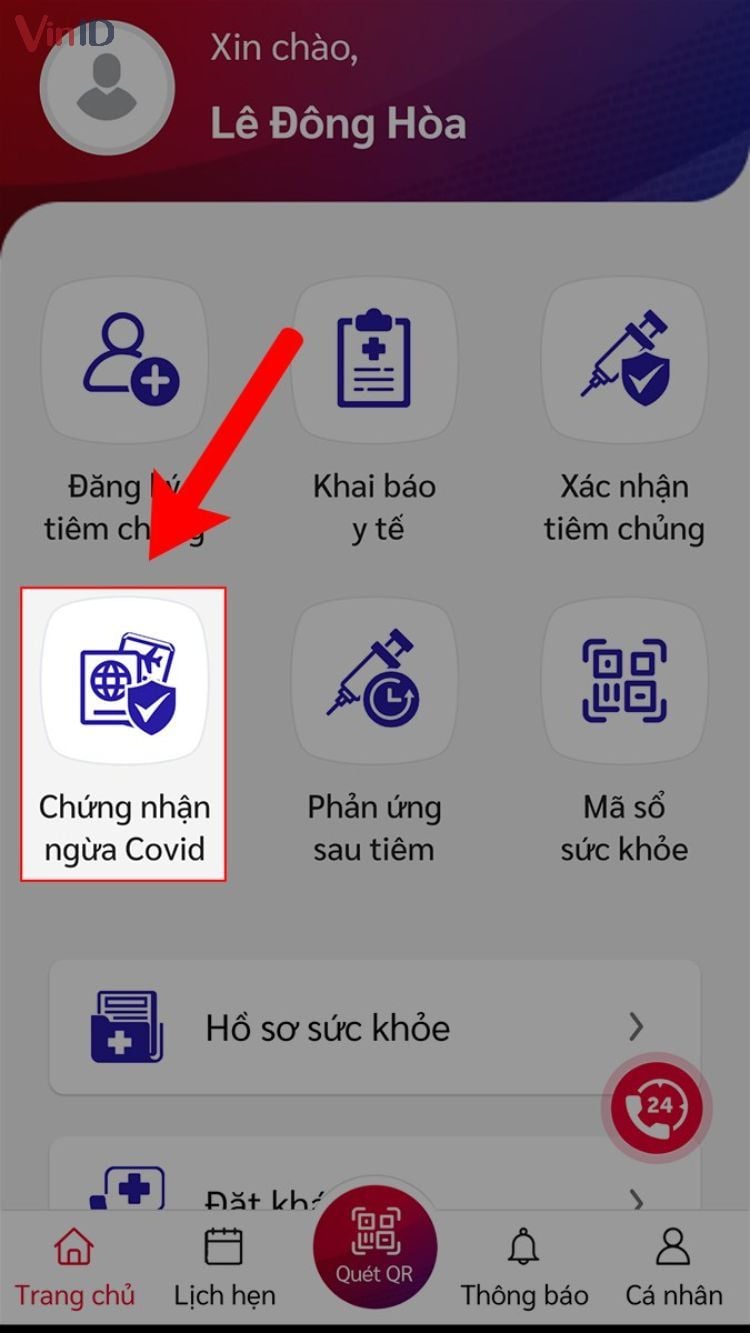 Chọn mục Chứng nhận ngừa Covid