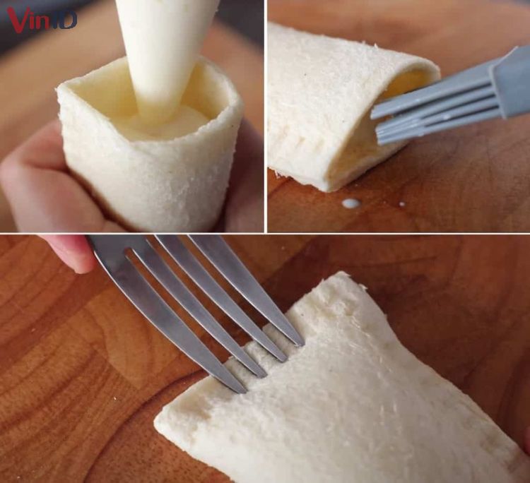 Cho nhân bánh vào và dùng nĩa miết chặt 