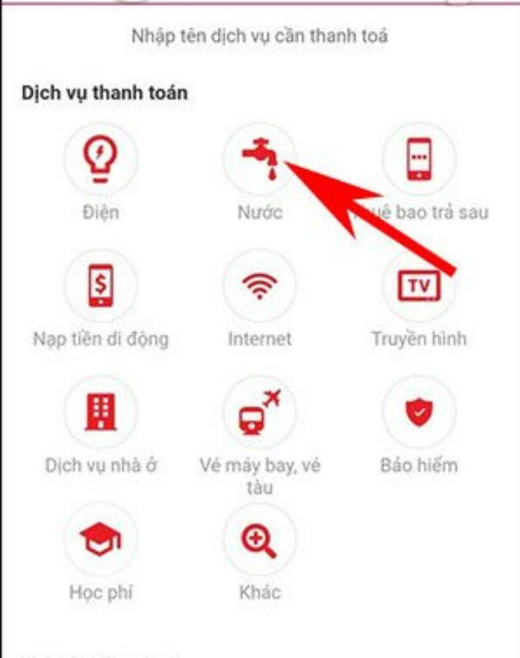 Chọn mục Nước để thanh toán hóa đơn tiền nước.