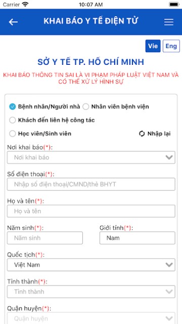 Hướng dẫn khai báo y tế trên app Y tế HCM