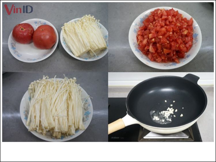 Nguyên liệu để nâu canh nấm kim châm cà chua