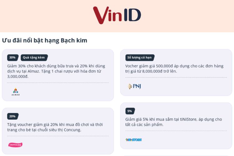 Ưu đãi độc quyền cho thành viên Bạch kim VinID Ưu đãi độc quyền cho thành viên Bạch kim VinID