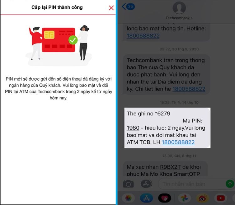 Xác nhận đổi mật khẩu thẻ ATM thành công với mã mới gửi đến điện thoại