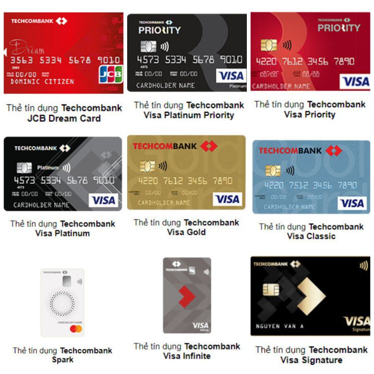 Các loại thẻ tín dụng Techcombank không liên kết.