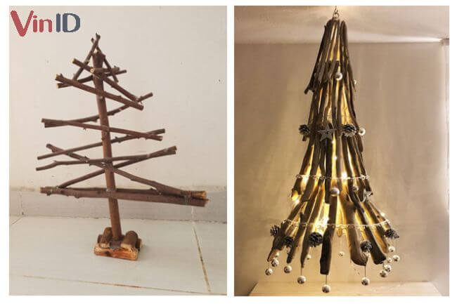 Cây thông Noel bằng dây kim tuyến với cây gỗ