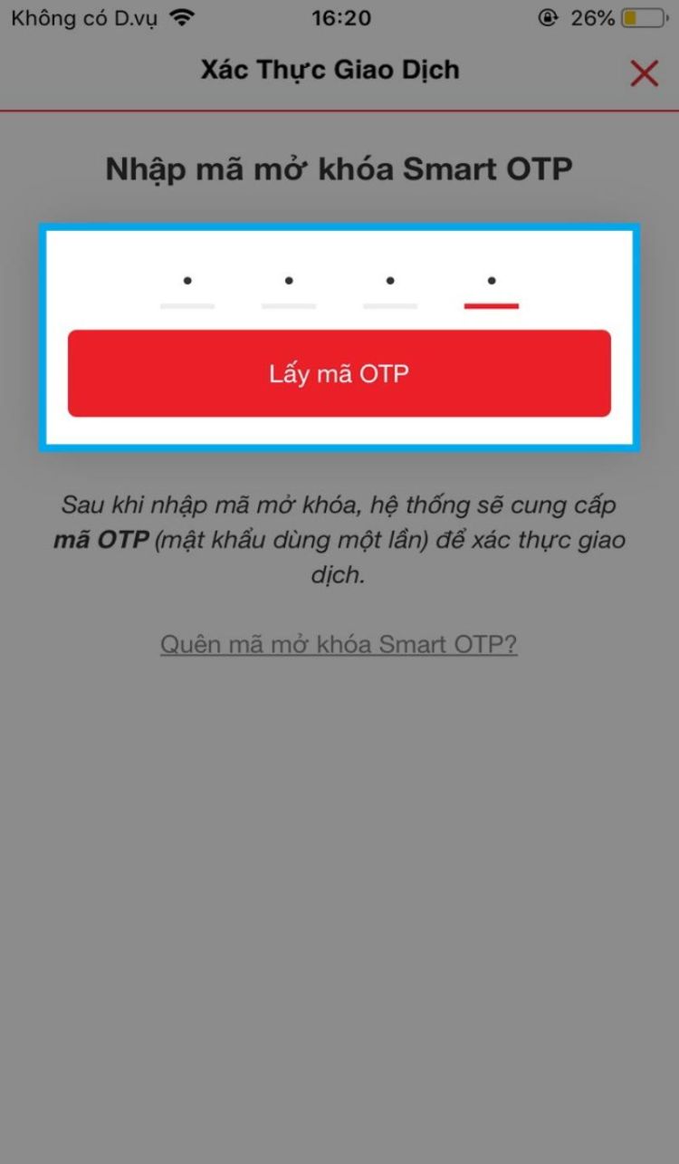 Nhập mã Smart OTP để thực hiện giao dịch trực tuyến Techcombank