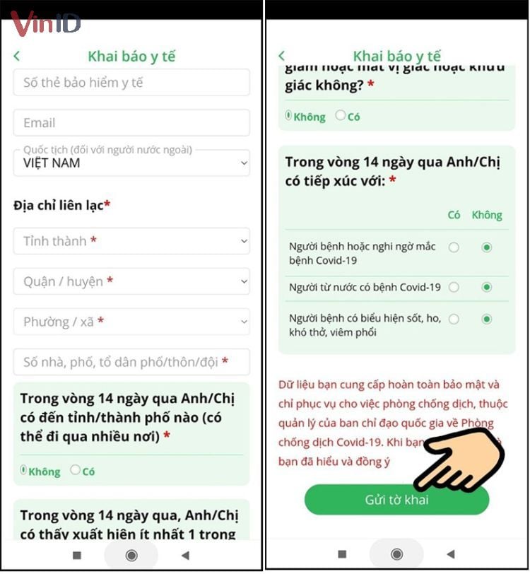 Điền thông tin Khai báo y tế rồi gửi tờ khai.