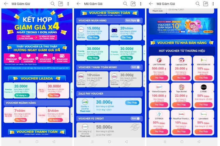 Voucher giảm giá được thu thập trên app Lazada