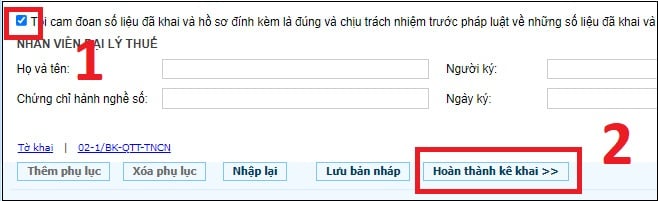 Tích nút Cam đoan và ấn Hoàn thành kê khai